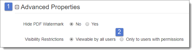 Advanced properties menu marked 1; Only users with permissions marked 2