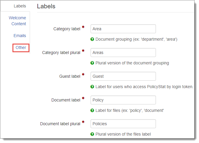 Site configuration menu with other tab highlighted