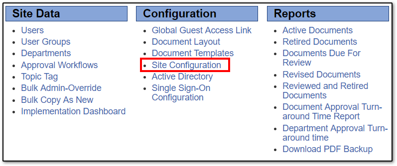Admin console with Site Configuration highlighted