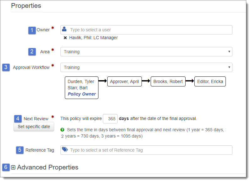 All fields on the policy properties tab