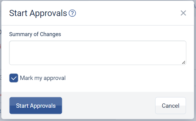 Start approvals dialogue window