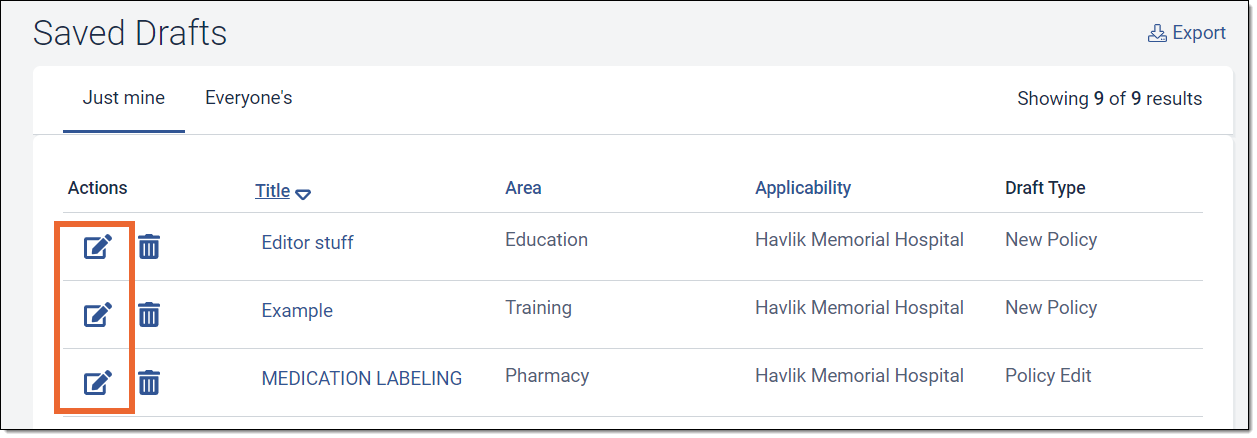 Three policies listed on the saved drafts page