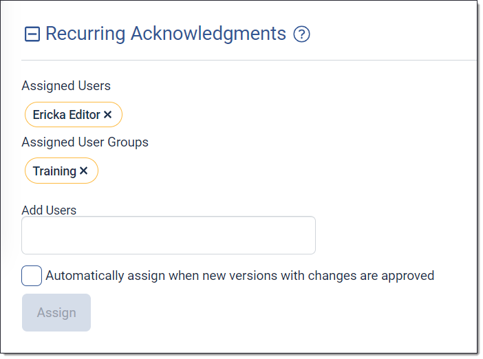 Recurring acknowledgments listing one user and one user group