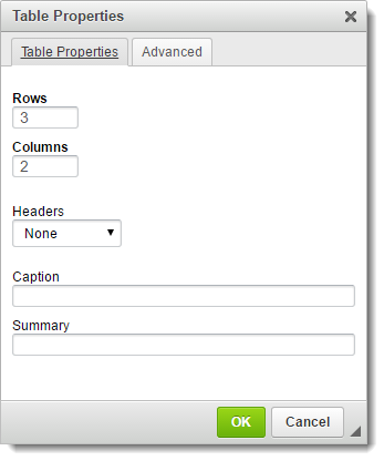table properties dialog box