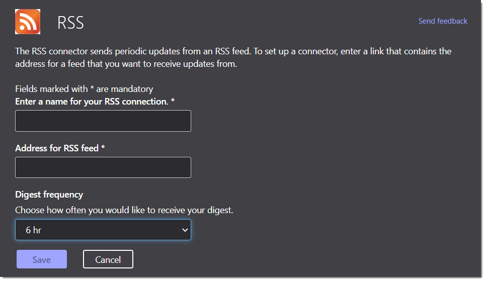 RSS feed options in Teams