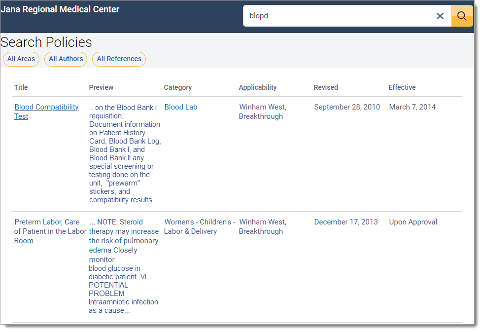 list of policy search results