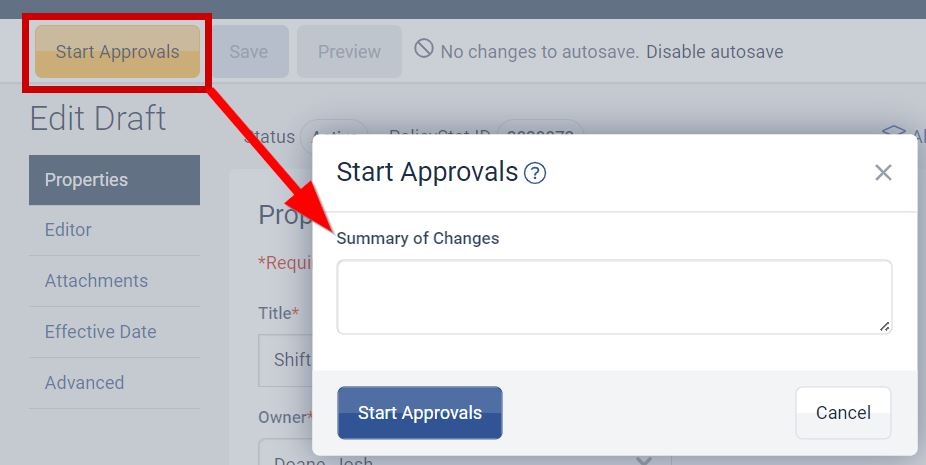 summary of changes field and start approval process button
