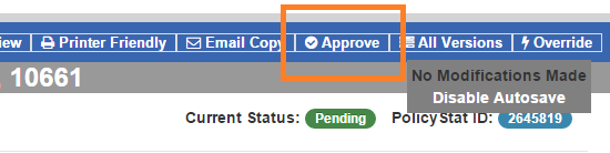 Top blue bar with Approve button highlighted