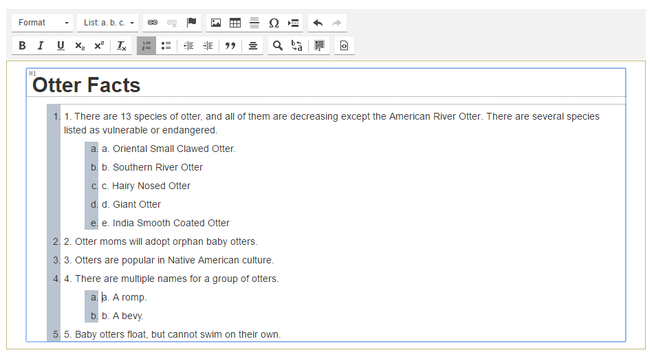 ordered list with two sections adjusted using indent button