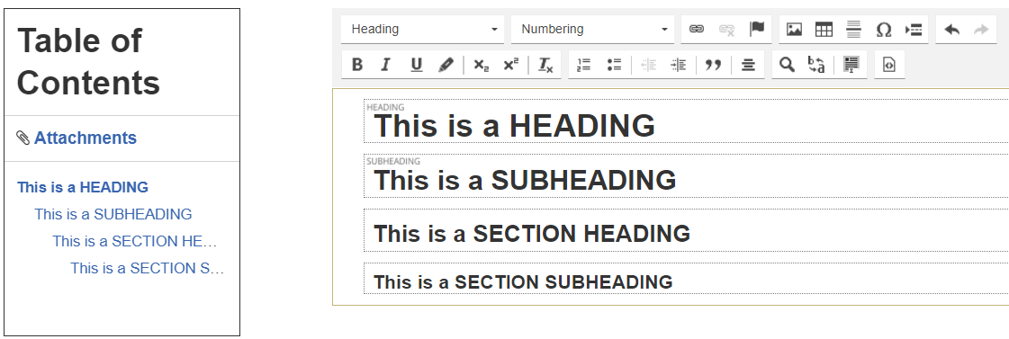 Example headings in policy displaying in the table of contents