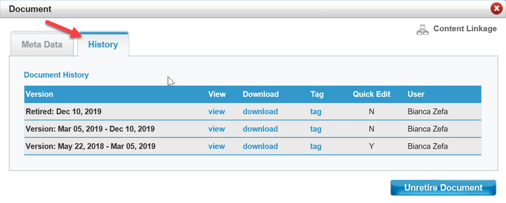 document history tab