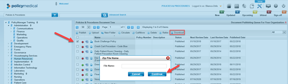 file name field and continue button