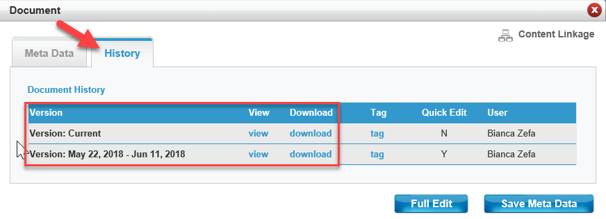 document history tab