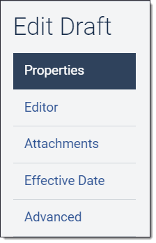 Properties, Editor, Attachments, Effective Date, and Advanced links