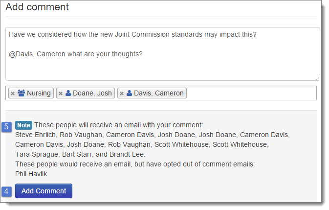 Add comment button marked 4, User list marked 5