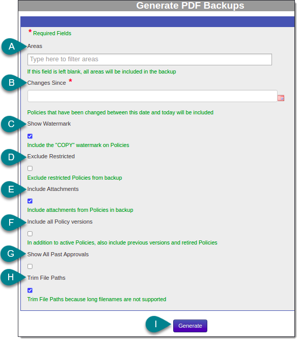 Generate PDF back configuration options
